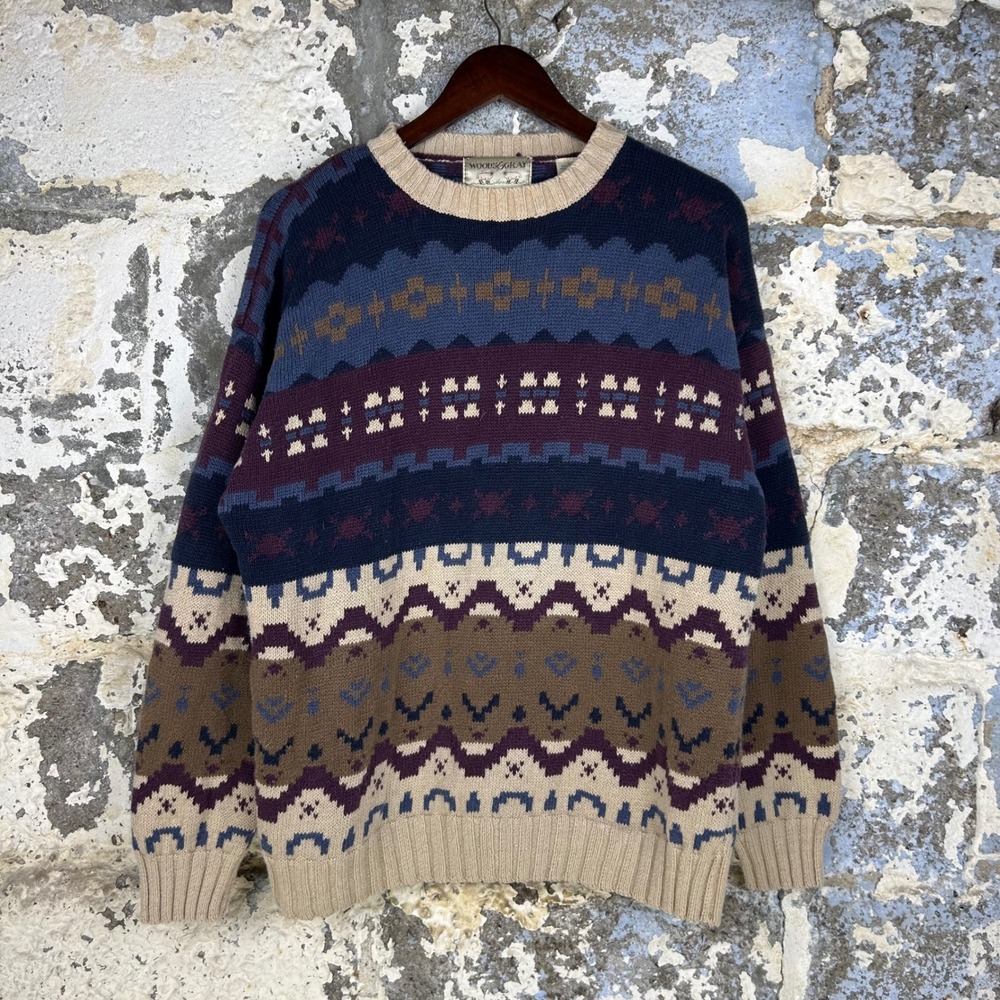 Woods & Gray Vintage Sweater Mens Large Multicolor Fair Isle Ramie Cotton Knit